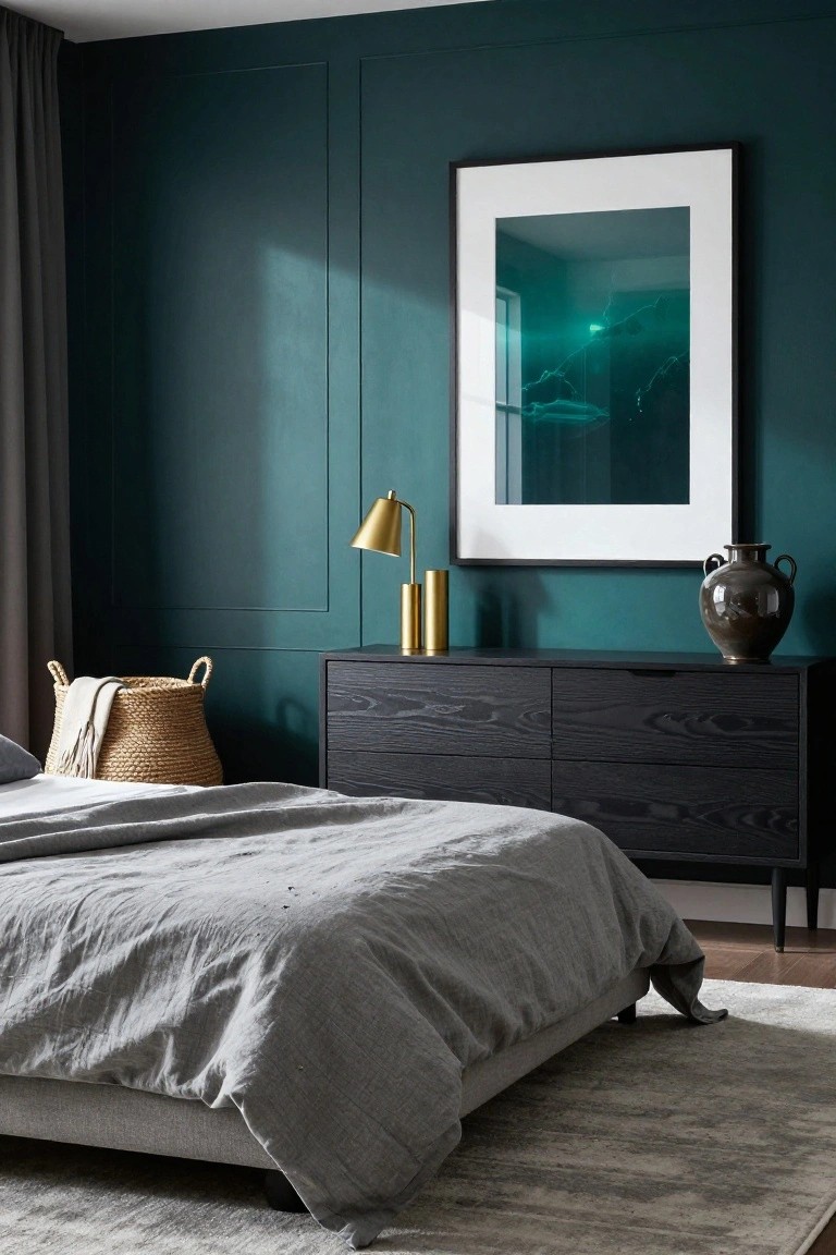 Bedroom with dark teal paneled walls, large white-framed artwork emitting teal glow, black wood dresser topped with gold lamp, brass candleholder, and brown vase, gray linen bed, wicker basket with towel, and beige rug.