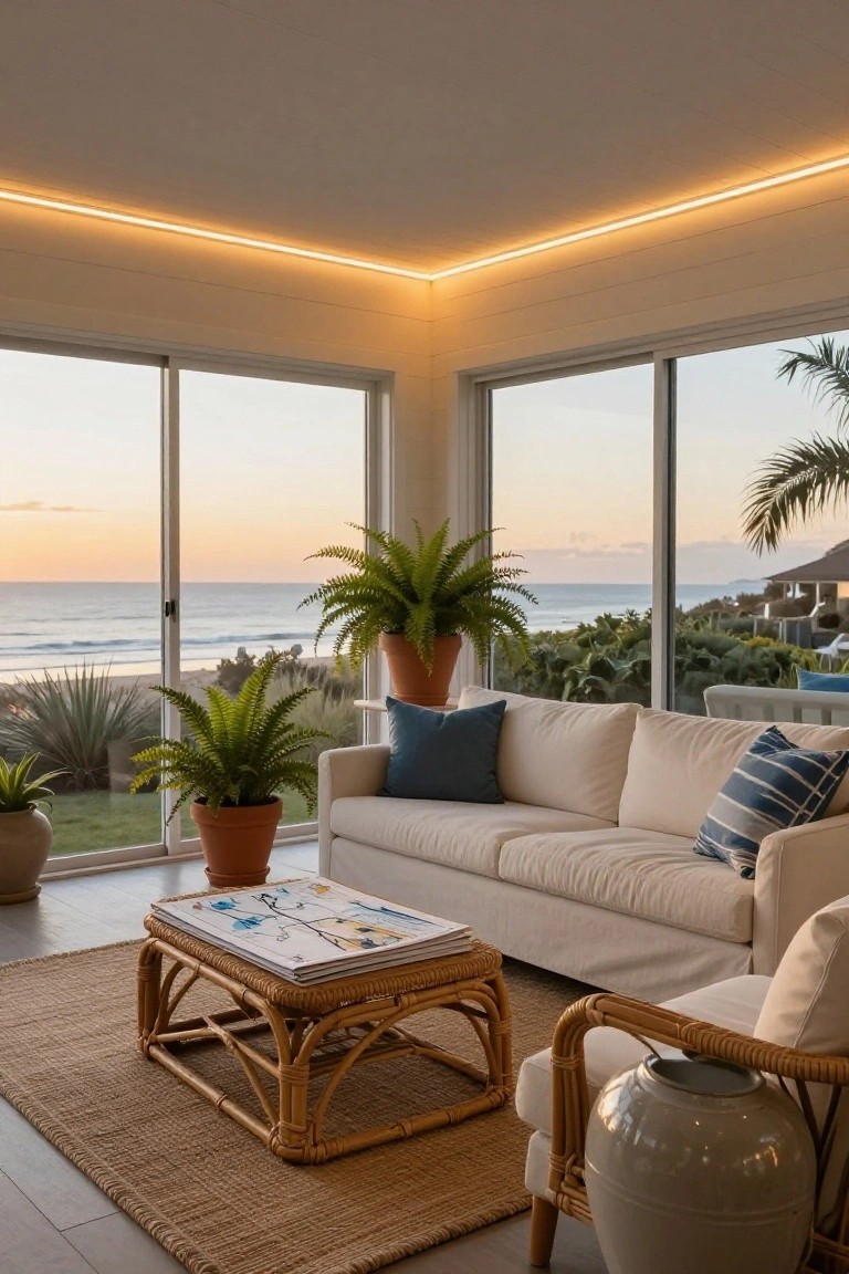 Corner room interior with white walls, beige sofa and pillows, rattan furniture, potted plants, seagrass rug, ocean view through large sliding glass doors, and warm yellow LED strip lights recessed along ceiling edges at sunset.