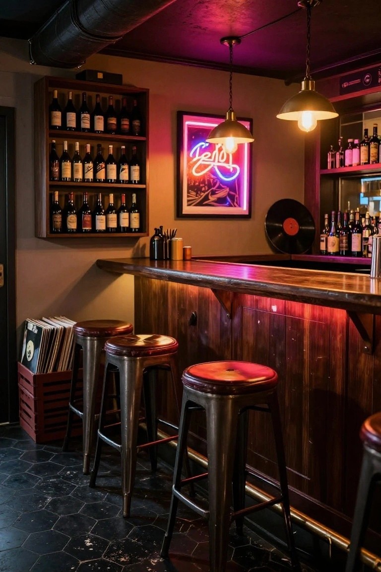 Cozy bar with wooden stools, neon sign, and wine shelves.