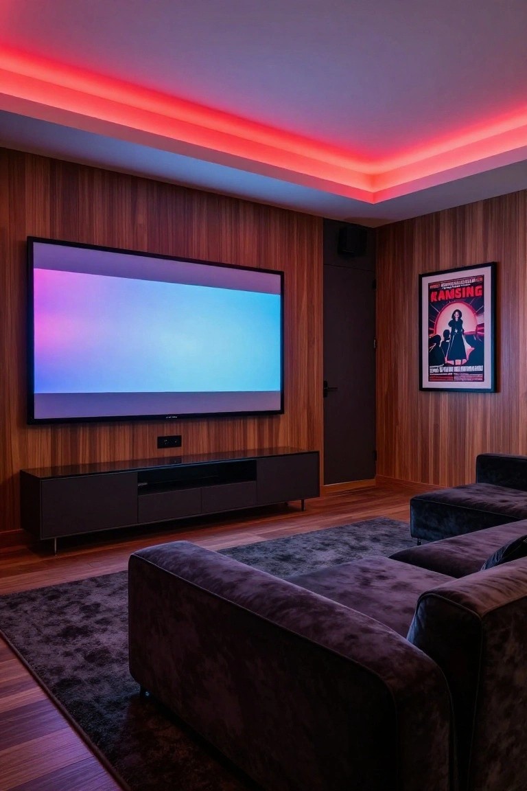 Wood-paneled media room with a large blank screen on the wall, dark gray L-shaped sofa, black media console, red LED strip lighting along the ceiling perimeter, and a framed movie poster beside a black door.