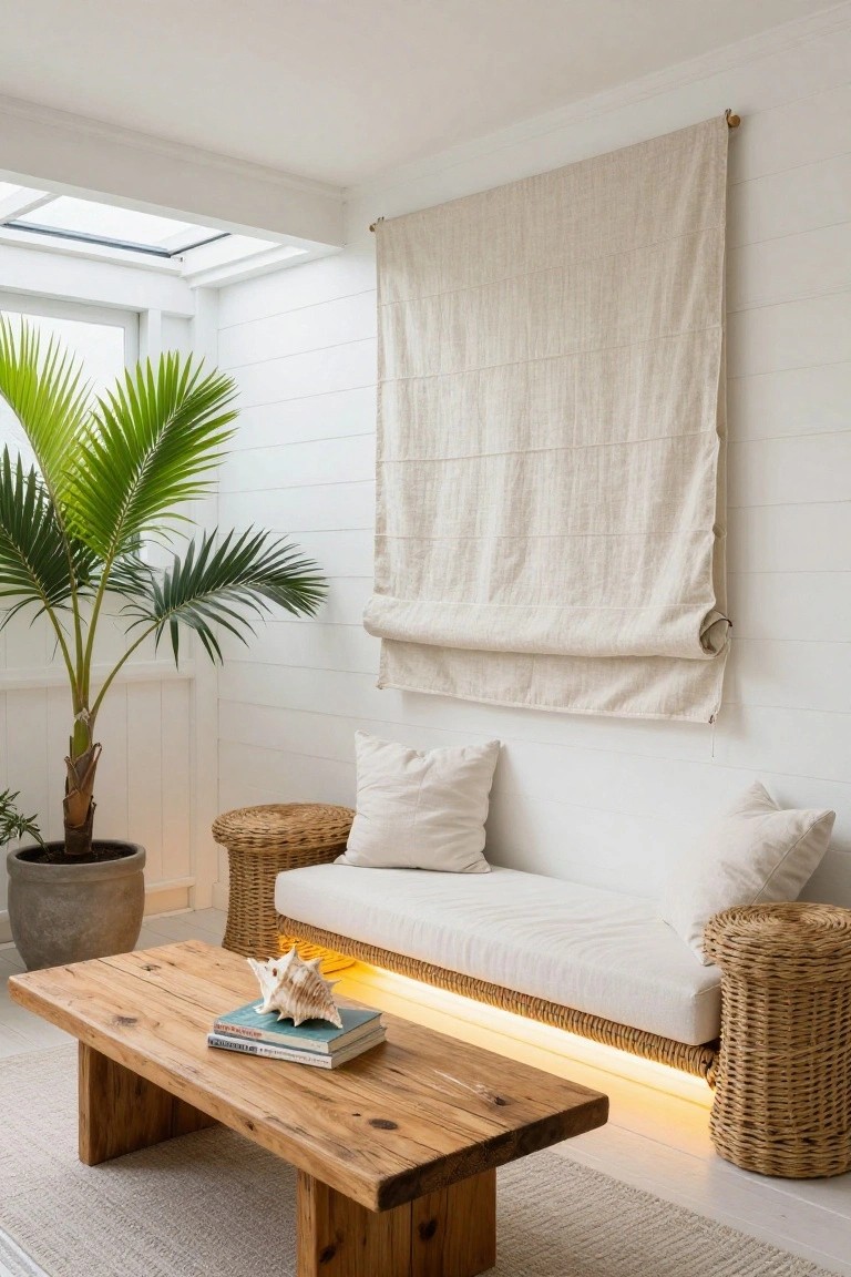 White shiplap-walled indoor seating area with cushioned rattan bench glowing yellow from LED lights underneath, rustic wooden coffee table holding books and seashell, potted palm tree in gray pot, large beige linen wall hanging, and skylight above.