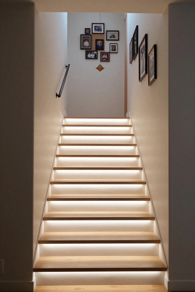 Wooden staircase with white LED lights glowing under each tread, white walls, black metal handrail, and assorted photo frames on one wall.