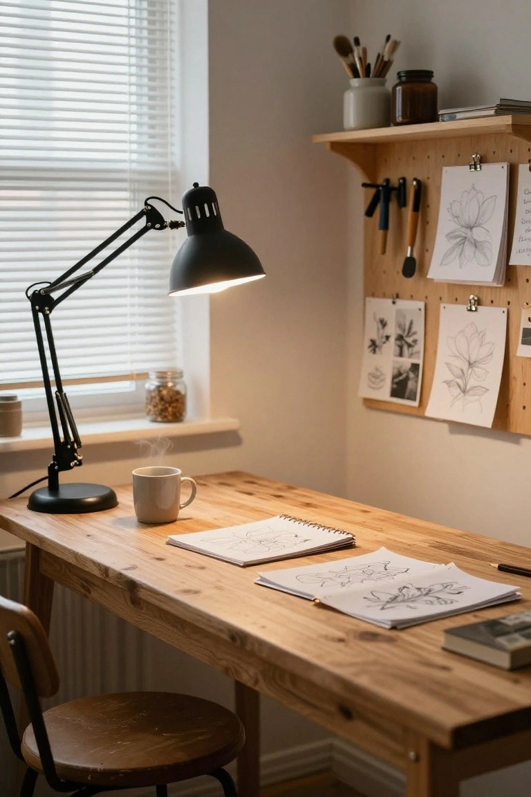 Wooden desk with open sketchbooks, pencils, a white mug steaming, and black adjustable architect lamp in a light room with pegboard wall displaying drawings and brushes on shelves.