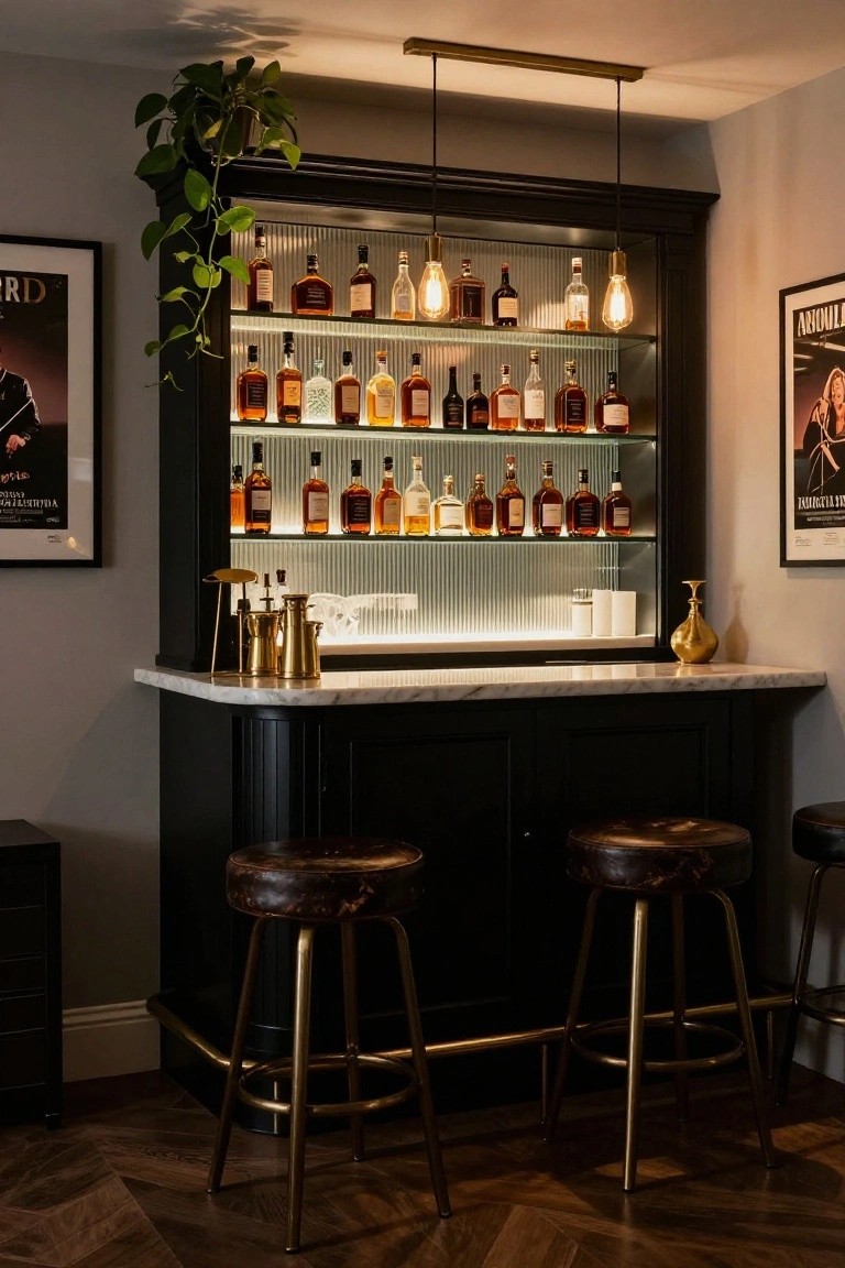 Home bar with dark cabinetry, backlit glass shelves displaying liquor bottles, white marble countertop, gold pendant lights, brass accents, two leather stools, and herringbone wood floor.