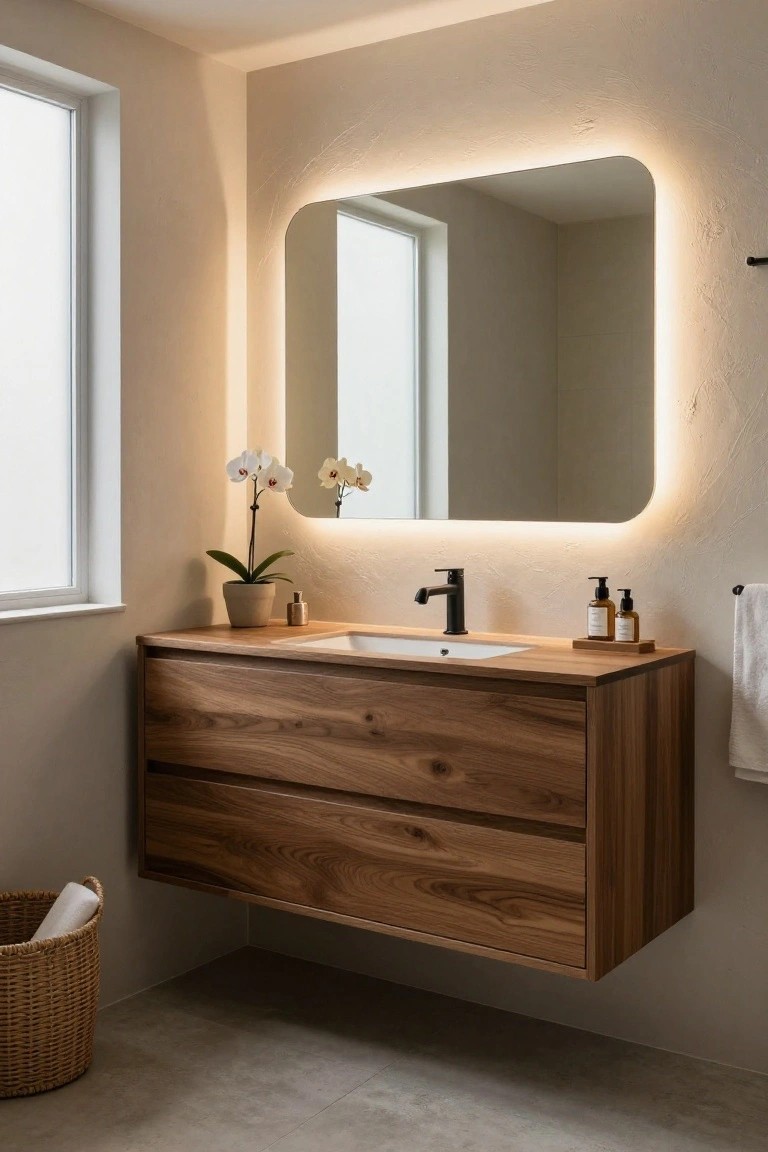 Contemporary bathroom with floating walnut wood double-drawer vanity, white undermount sink, black matte faucet, oval backlit LED mirror, potted white orchids, soap bottles, woven basket with towel, and beige textured walls under frosted window.