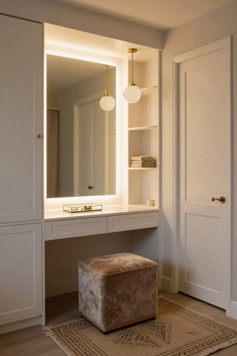 White built-in vanity with large rectangular backlit mirror, two hanging pendant lights with white globes, shelves holding folded towels, beige upholstered stool on patterned rug, beside white door in light wood floor room.