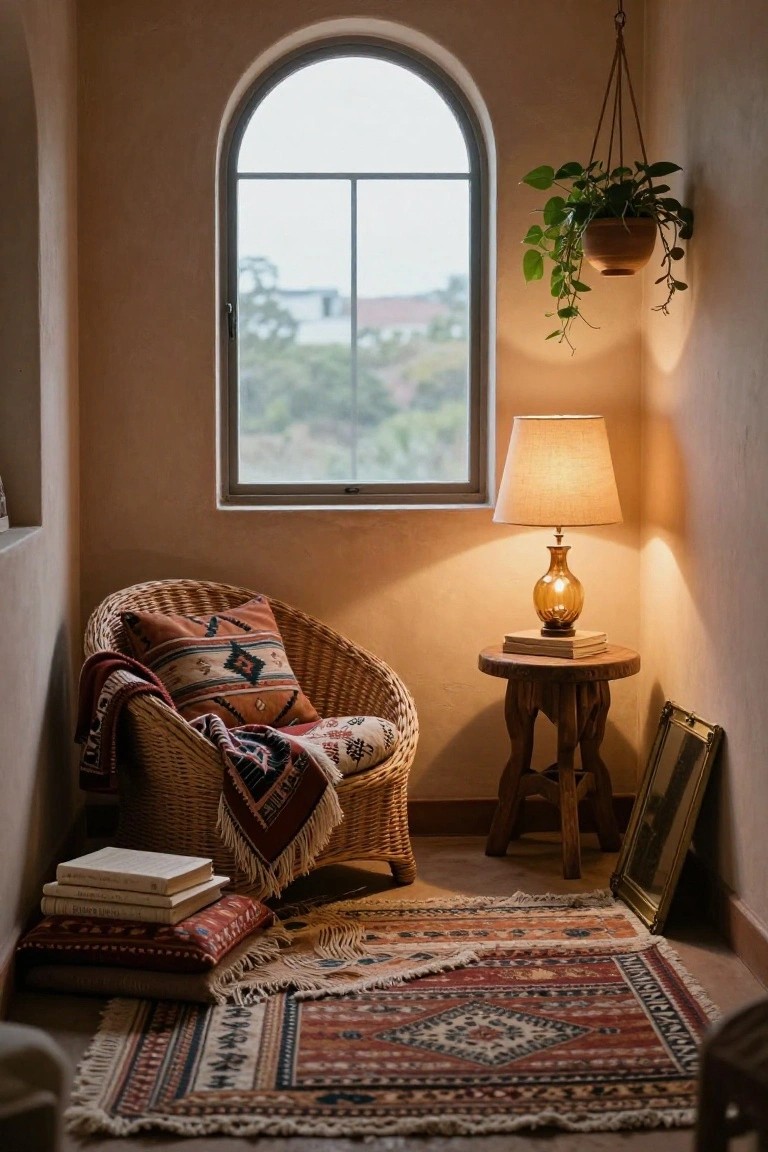 A rattan armchair with patterned cushions and throw in a softly lit indoor nook, beside a wooden side table holding an amber glass table lamp and stacked books, near an arched window with a hanging plant and patterned rug on the floor.