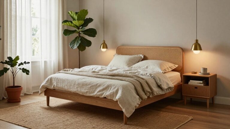 25 Chill Room Lighting Inspo That Sets A Relaxed Mood Cozy bedroom with rattan headboard bed draped in white linen bedding, large potted fiddle leaf fig plant, hanging white globe pendant light, bedside lamp on wooden nightstand, burning candle with stacked books on seagrass rug, and window with sheer curtains.