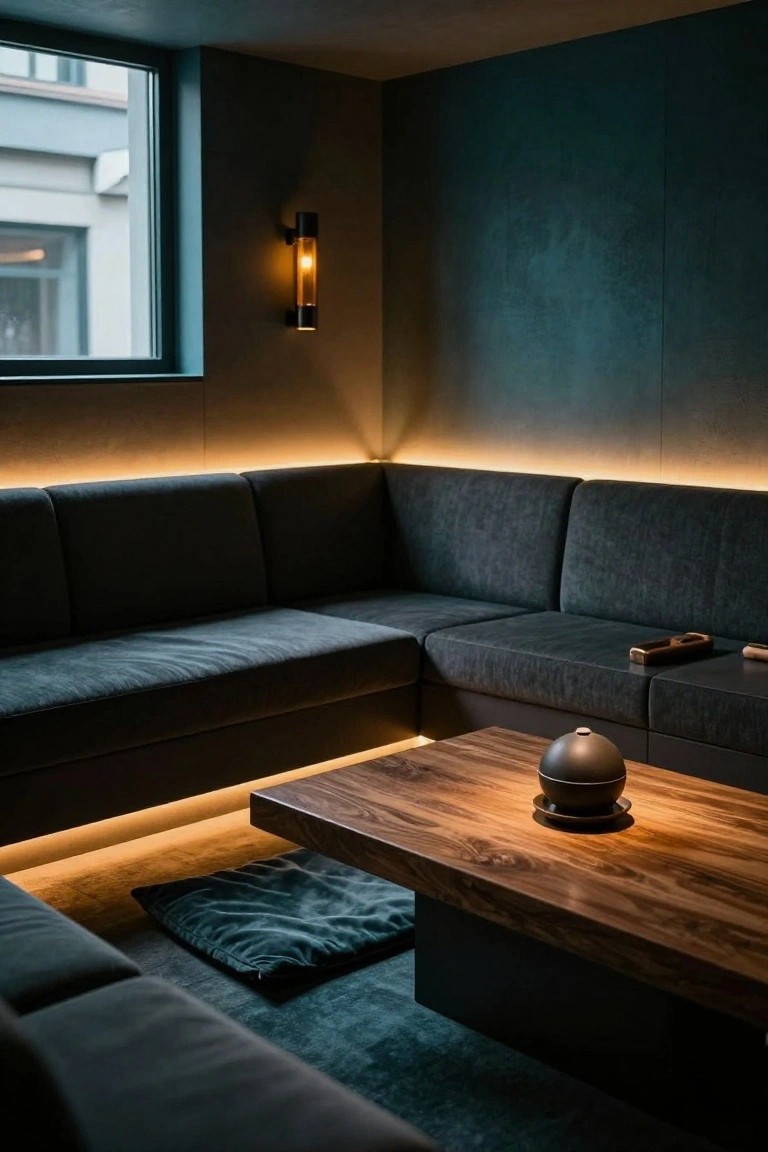 Modern lounge corner featuring L-shaped dark gray sofa, low wooden coffee table with black dome light and plate, teal floor cushion, warm LED strip lighting under furniture and along teal textured walls and baseboards, wall sconce, and window to exterior building.