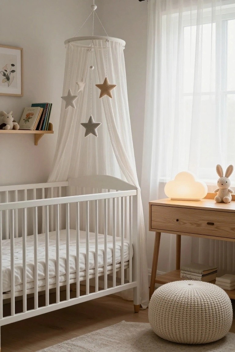 White wooden crib with sheer canopy mobile hanging stars in a light nursery room, cloud-shaped lamp glowing on wooden dresser, stuffed animals on wall shelf, and cream pouf on floor.