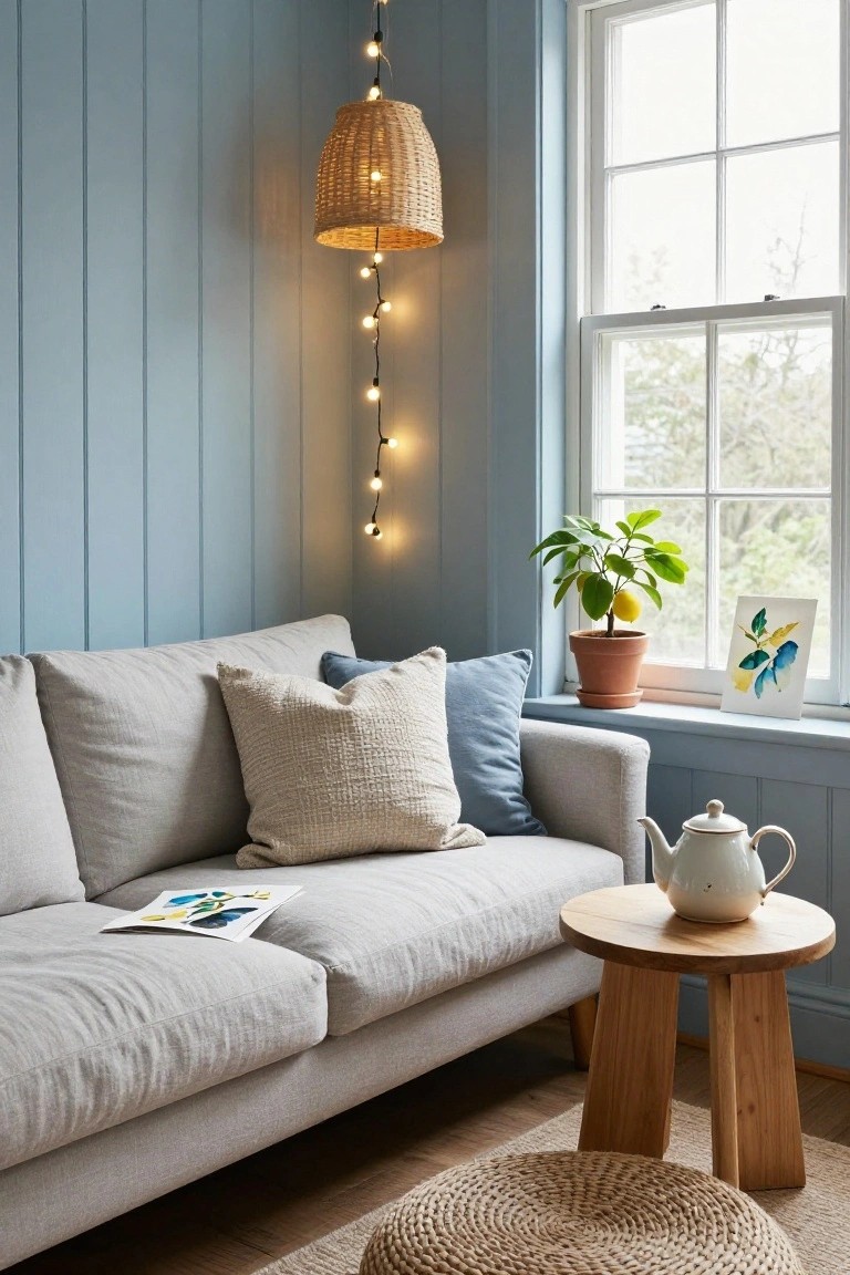 Corner of a room featuring a light gray sofa with cream and blue pillows, a wooden stool side table with a white teapot, a potted lemon tree on the windowsill next to a watercolor painting, blue shiplap walls, a woven pendant lamp with cascading string lights, and a woven floor pouf.