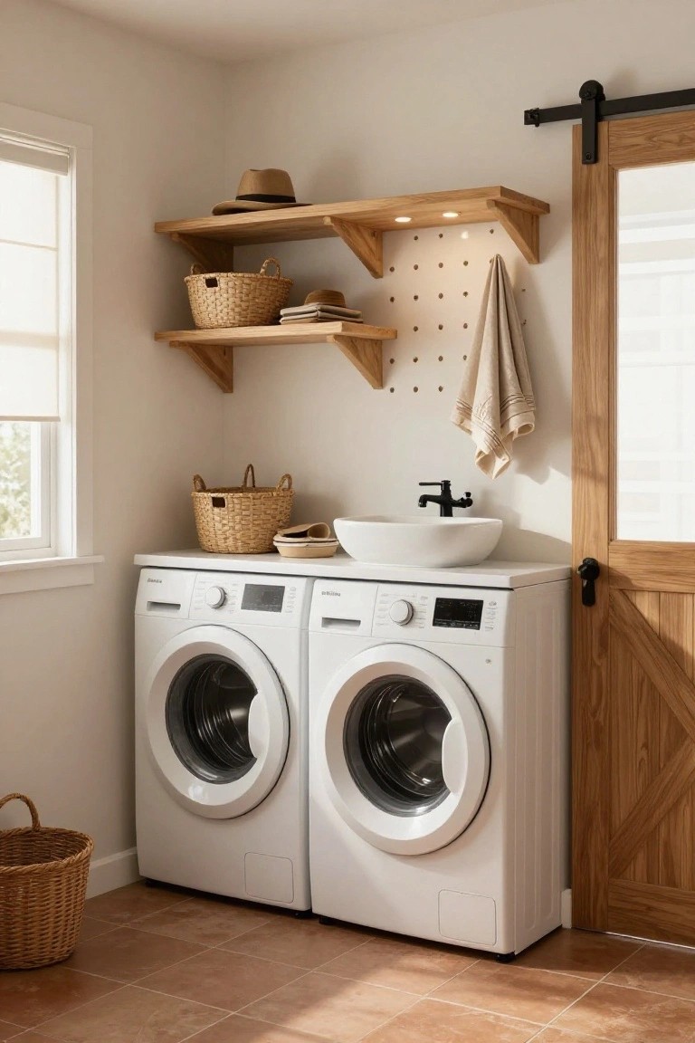 Laundry room with two white front-loading washing machines side by side, white vessel sink on counter, wooden floating shelves with puck lights underneath holding wicker baskets and books, beige towel on pegboard wall, and oak sliding barn door.