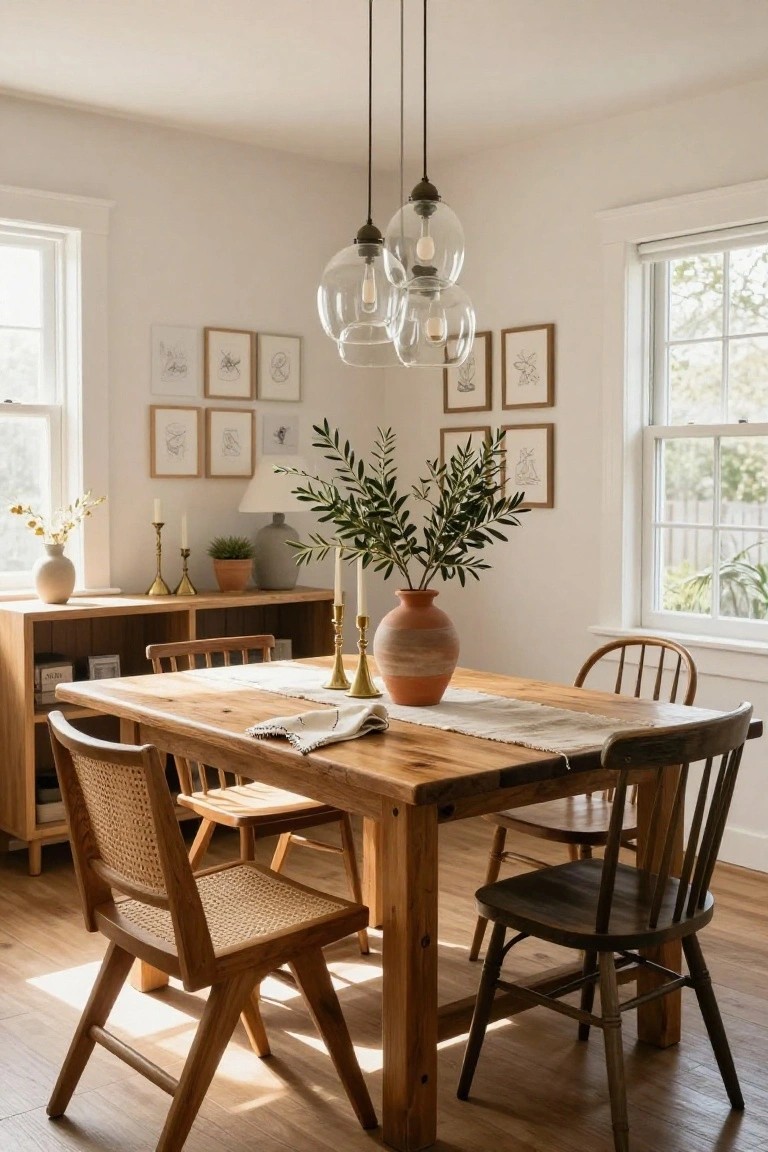 A sunlit dining area in a white-walled room with a wooden table covered in a linen runner, mixed wood and rattan chairs, olive branches in a terracotta pot centerpiece, bookshelves, wall art, candles, and a brass pendant light with multiple clear glass globes hanging above the table.