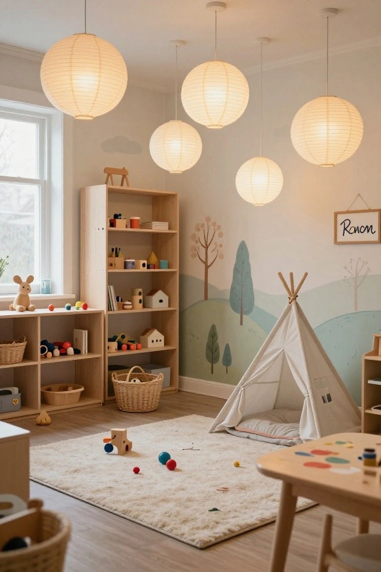 Children's playroom with multiple white paper lanterns hanging from the ceiling, wooden shelves stocked with toys, a small white fabric tent, play rug, wooden table, and nature mural on pastel walls.