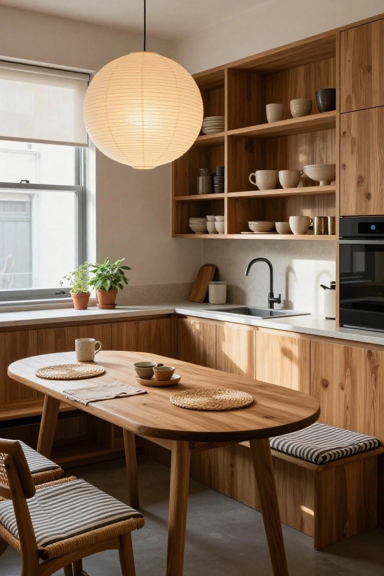 A bright kitchen interior with wooden cabinets and shelves stocked with ceramic dishes, a round wooden table with woven placemats and chairs, a large white paper lantern pendant light hanging overhead, a sink countertop, and potted herbs near a window.