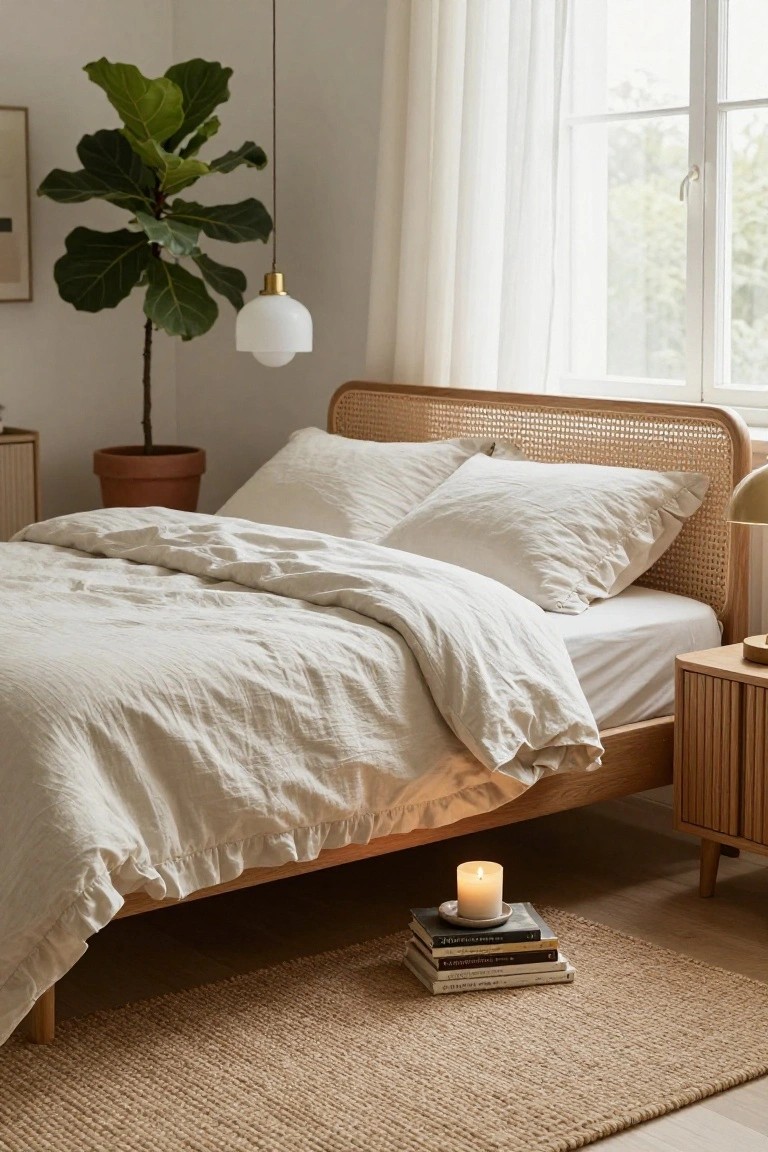 Cozy bedroom with rattan headboard bed draped in white linen bedding, large potted fiddle leaf fig plant, hanging white globe pendant light, bedside lamp on wooden nightstand, burning candle with stacked books on seagrass rug, and window with sheer curtains.
