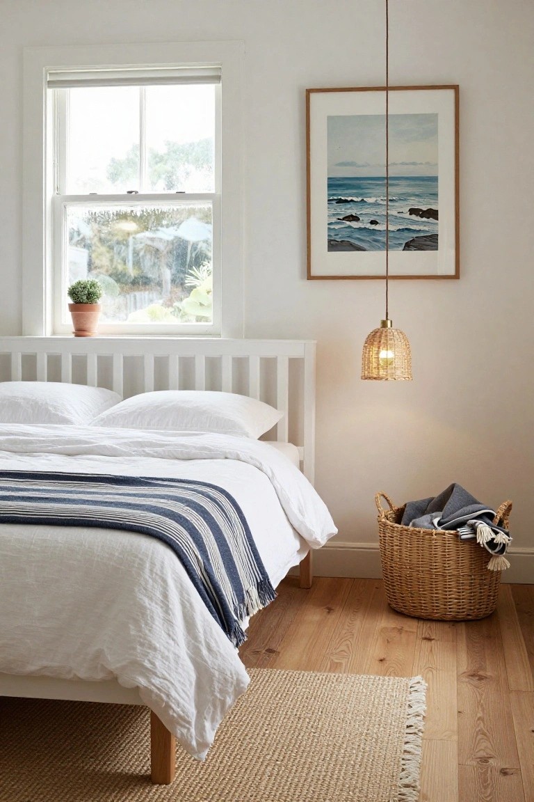 A bright bedroom interior with a white wooden bed dressed in white linens and a navy striped throw, a rattan pendant lamp hanging above, a potted plant on the windowsill overlooking greenery, a framed seascape painting on the wall, and a wicker basket holding blankets on the floor.