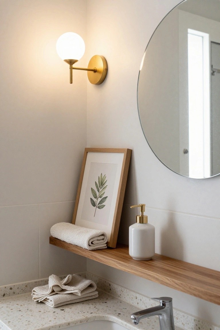 Bathroom corner with round mirror on white tiled wall, wooden floating shelf holding white towels and soap dispenser, gold wall sconce with white globe shade lit up, and white sink on speckled countertop.