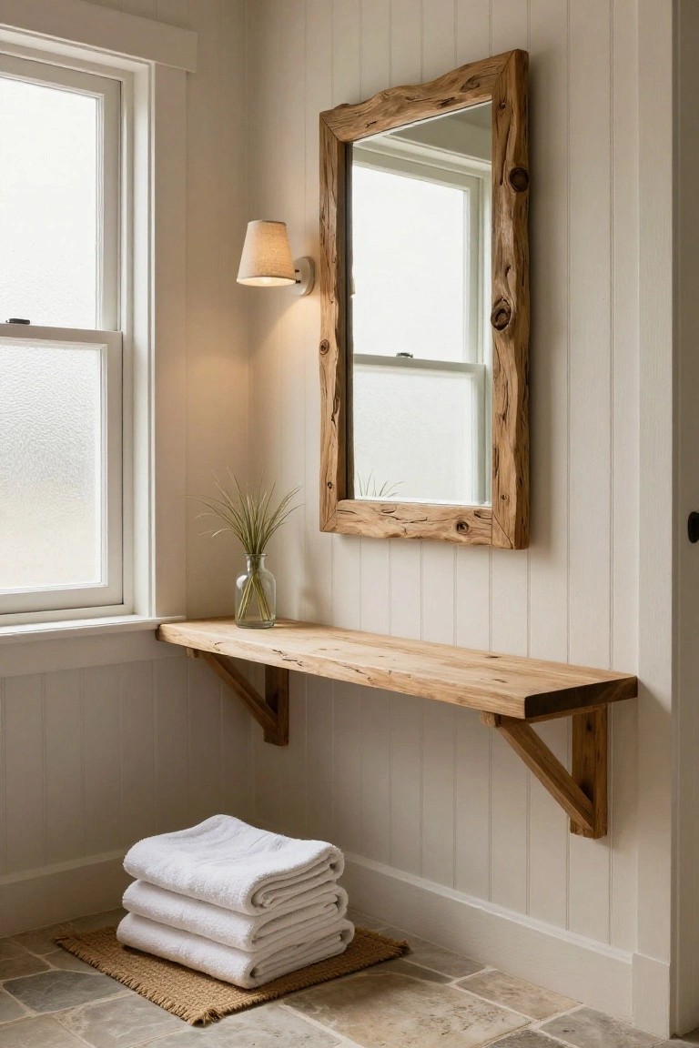 Bathroom corner with white shiplap walls, large rustic wood-framed mirror, floating live-edge wood shelf holding a glass vase of dried grass, beige fabric-shaded wall sconce mounted nearby, stacked white towels on seagrass mat on tiled floor, and frosted window.
