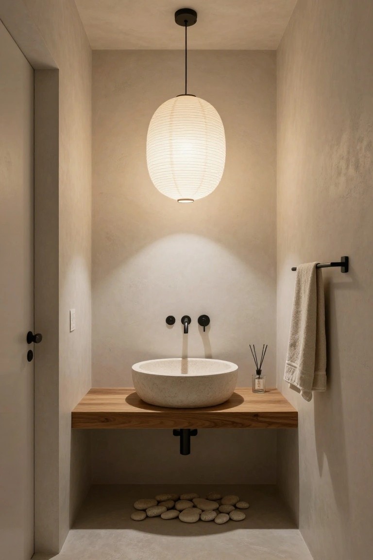 A minimalist indoor bathroom with beige textured walls, a wooden floating shelf supporting a white vessel sink and black faucets, a large white paper lantern pendant light overhead, black towel bar holding a white towel, reed diffuser nearby, and scattered white pebbles on the floor under the sink.