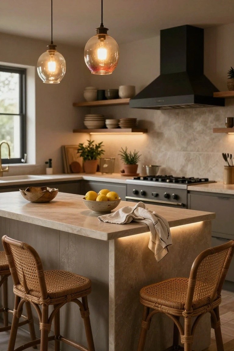 A modern kitchen with a light beige stone island topped by two hanging amber glass pendant lights, rattan bar stools, a bowl of lemons, gray cabinets, black range hood, and open shelves with dishes and plants.