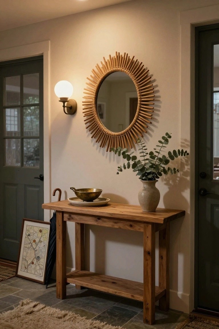 Entryway with wooden console table holding brass bowl, white plate, eucalyptus in ceramic vase, leaning umbrella and framed map; rattan sunburst mirror with brass globe wall sconce beside it; green doors, slate floor, and woven rugs.