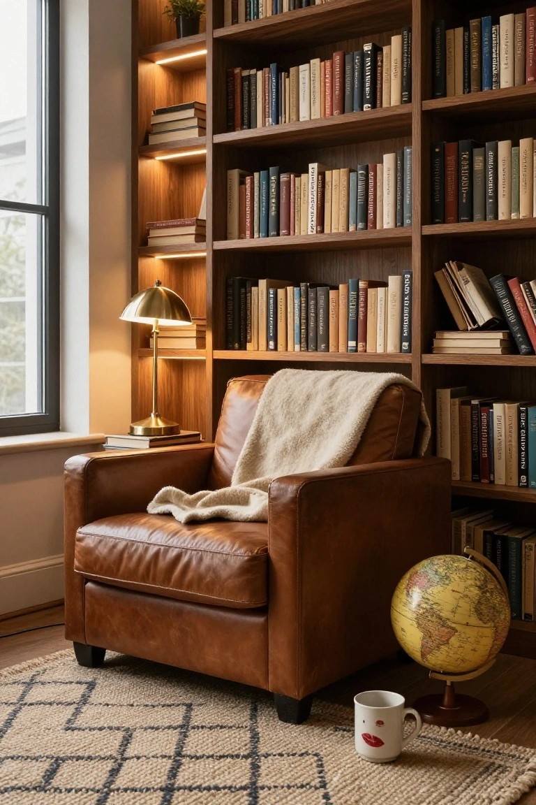 Wooden bookshelves with under-shelf LED lighting line a cozy corner with a brown leather armchair draped in a white throw, brass table lamp on a side table with books, a world globe stand, white mug with red lips design, and patterned rug on wood floor next to a window.