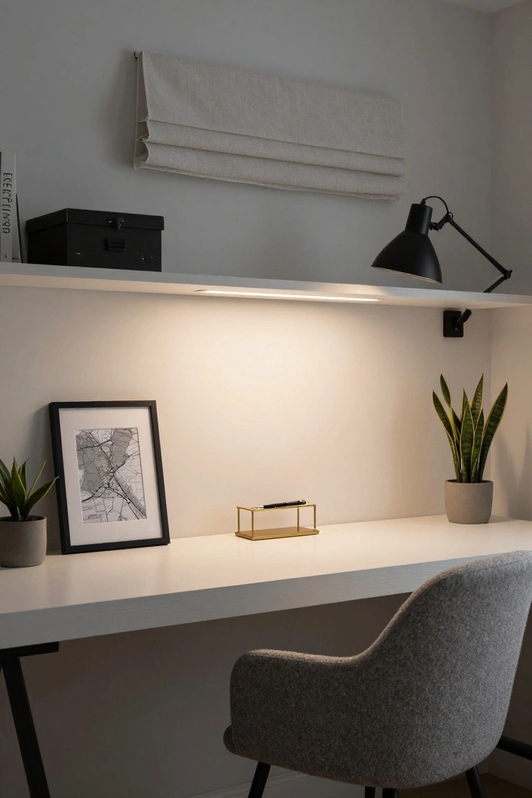 A white desk in a light gray room with a gray upholstered chair, two potted snake plants, a framed city map print, gold pen holder, black adjustable lamp on a shelf above with under-shelf LED strip lighting, black box, and beige roman shade on the wall.