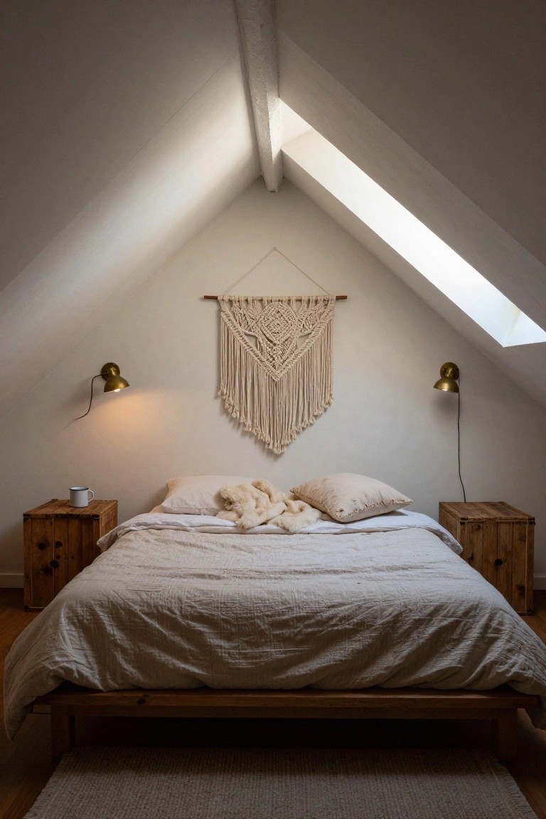 Attic bedroom with sloped white ceiling and skylights, wooden platform bed draped in white textured linens and pillows with a stuffed animal, wooden nightstands holding a mug, large beige macrame wall hanging, and brass wall sconces lit on white walls.