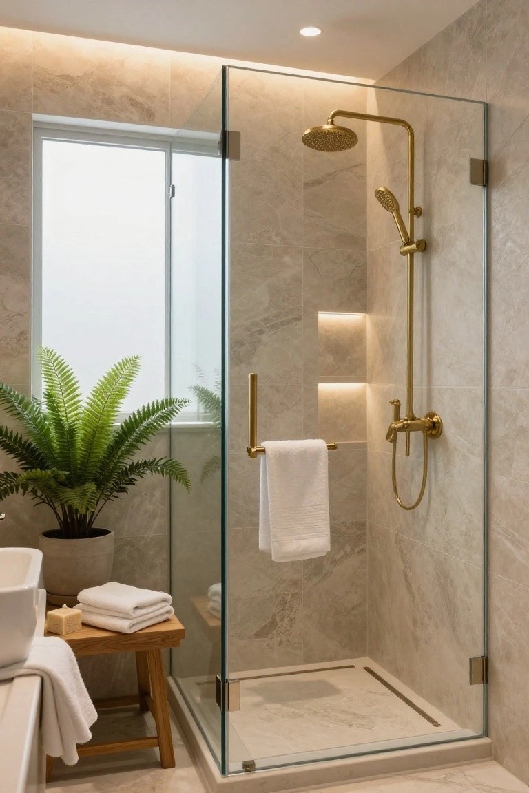Beige marble-tiled bathroom with glass shower enclosure, gold rain showerhead and handheld sprayer, illuminated wall niches, potted fern plant, wooden stool with folded towels, white sink basin, and window.
