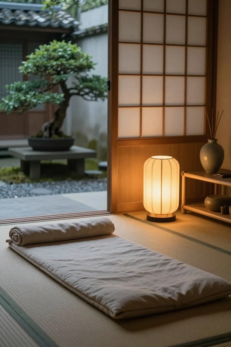 Japanese-style interior room with tatami floor mats, rolled beige futon, lit tall cylindrical paper lantern floor lamp, open shoji sliding doors to garden with bonsai tree on stone platform, wooden shelf with vase and incense holder.
