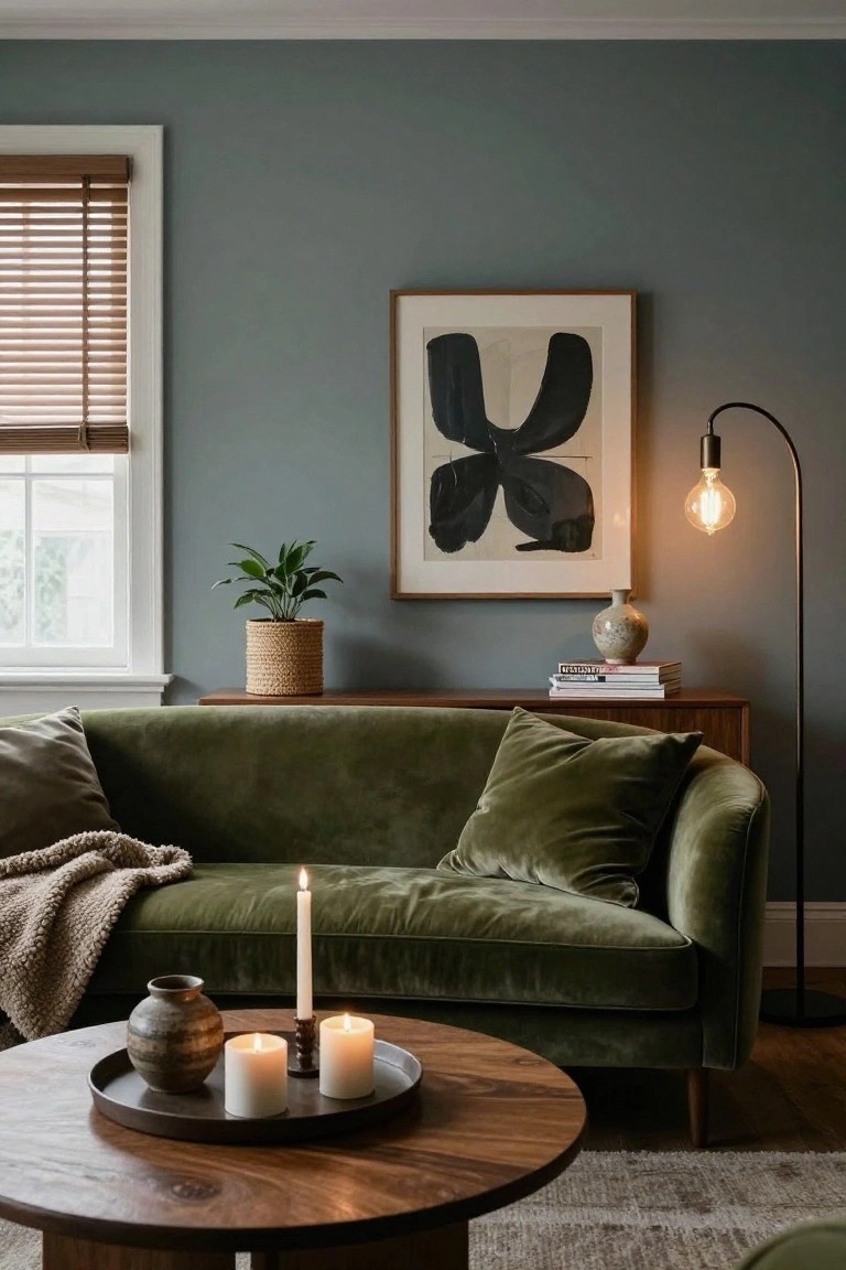Cozy living room with green velvet sofa, wooden round coffee table holding candles and pottery vase, tall arc floor lamp with exposed bulb, abstract black and white framed art on teal walls, potted plant on wood sideboard, and woven throw blanket.