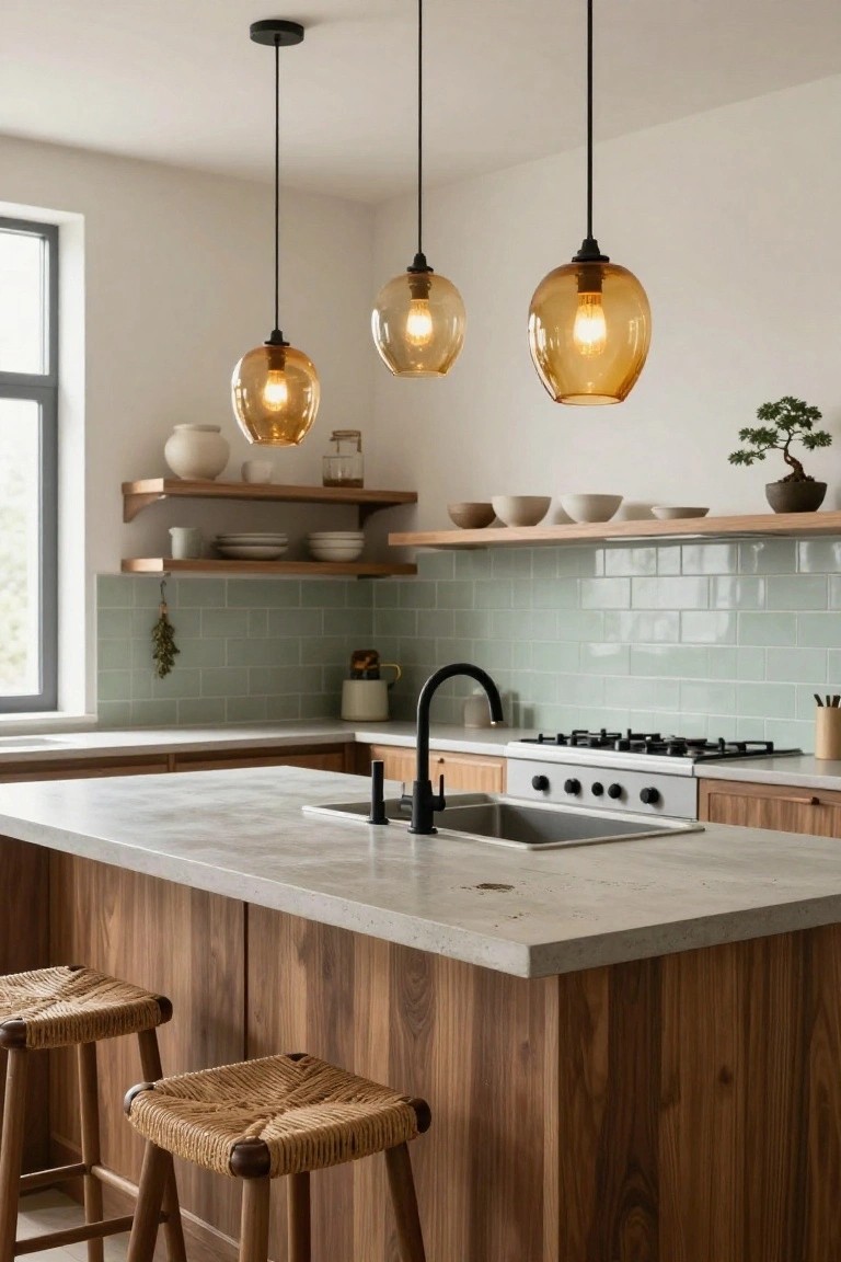 Modern kitchen with concrete island, amber pendant lights, and wooden stools.