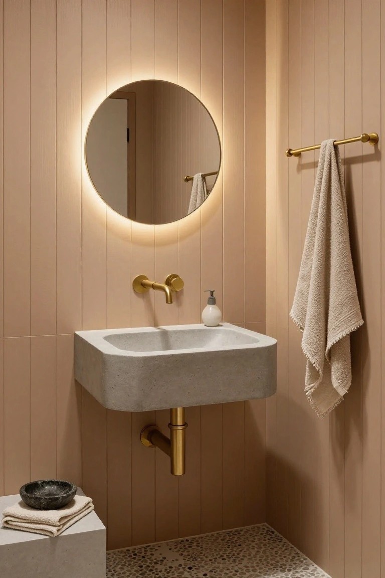Modern bathroom with beige vertical paneled walls, round mirror with LED backlighting, wall-mounted gray concrete sink with gold faucet and pipe, gold towel rail with beige towel, soap dispenser, small stone bowl on concrete plinth, and pebble tile floor.