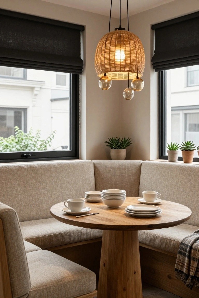 Corner booth seating in a neutral kitchen with beige upholstered benches around a round wooden table set with white dishes and teacups, a woven rattan pendant light with glass accents hanging above, black roller blinds on windows, and potted succulents nearby.