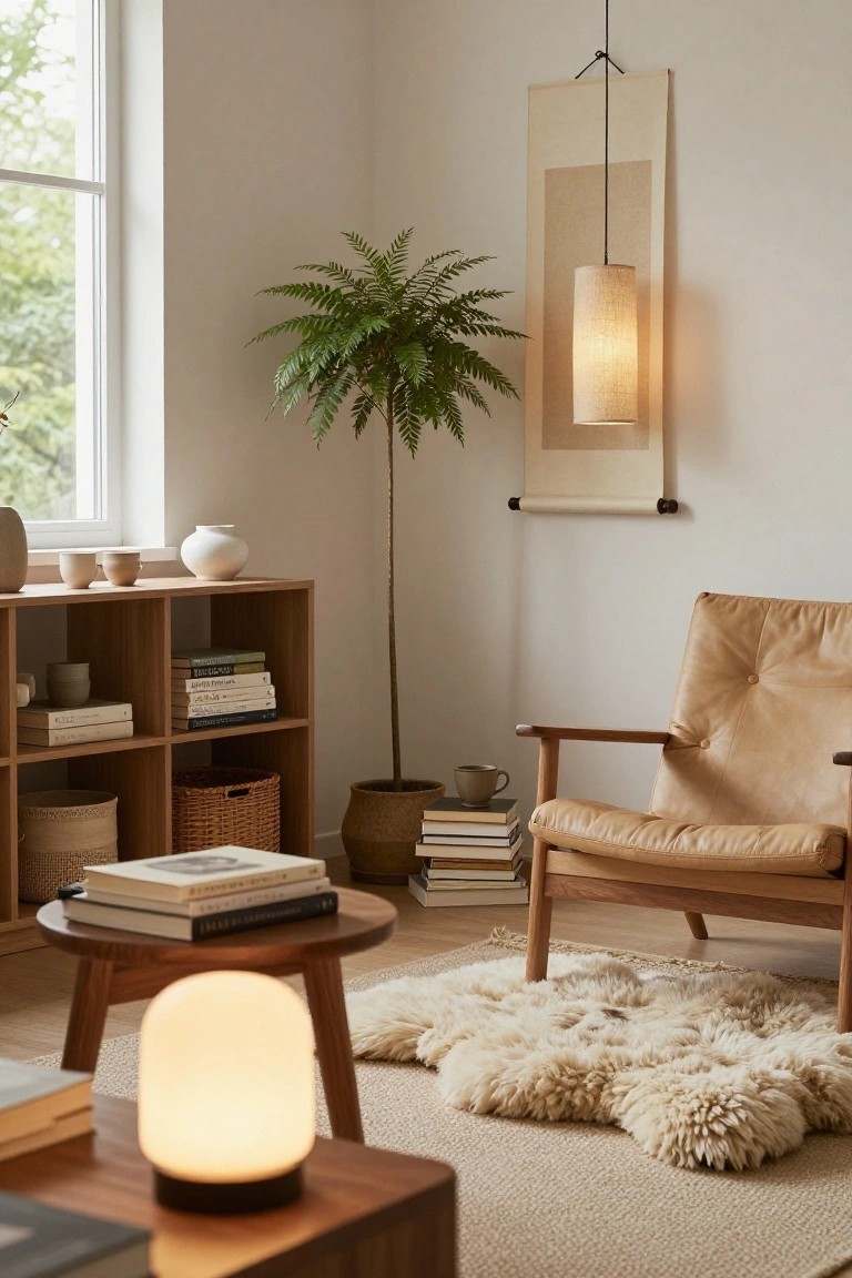 Cozy indoor corner with beige fabric cylinder pendant light hanging from ceiling, leather armchair, wooden bookshelves stocked with books, potted palm plant, side table lamp, and neutral decor near a window.