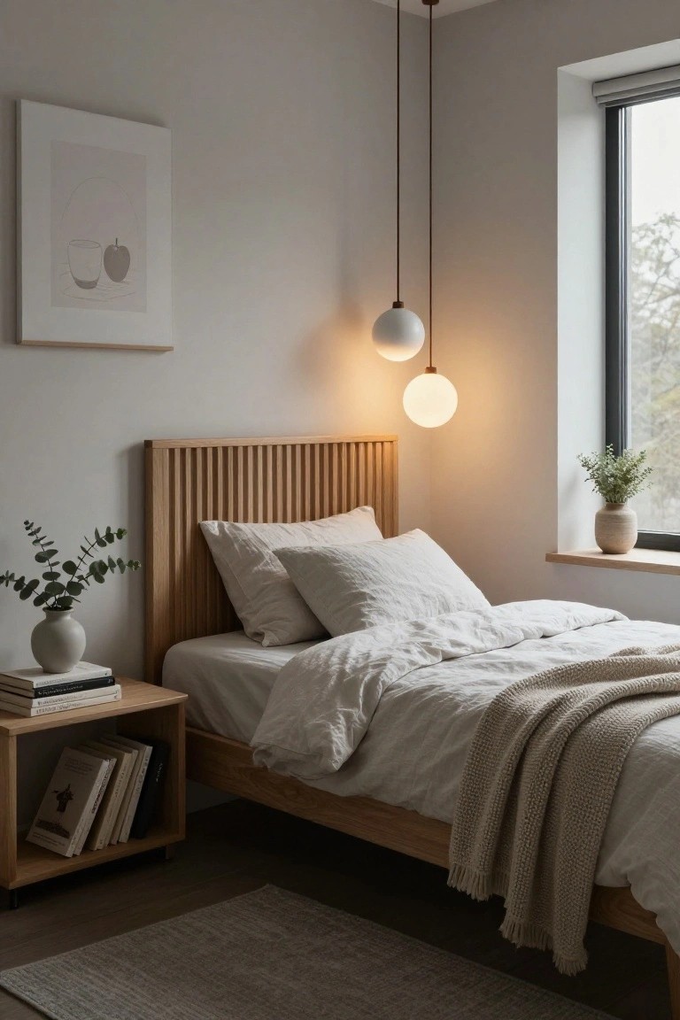 Bedroom with oak slatted headboard bed dressed in white linens and throw, wooden nightstand holding books and vase of eucalyptus, two white globe pendant lights hanging from ceiling, large window with potted plant on sill, neutral walls and rug.