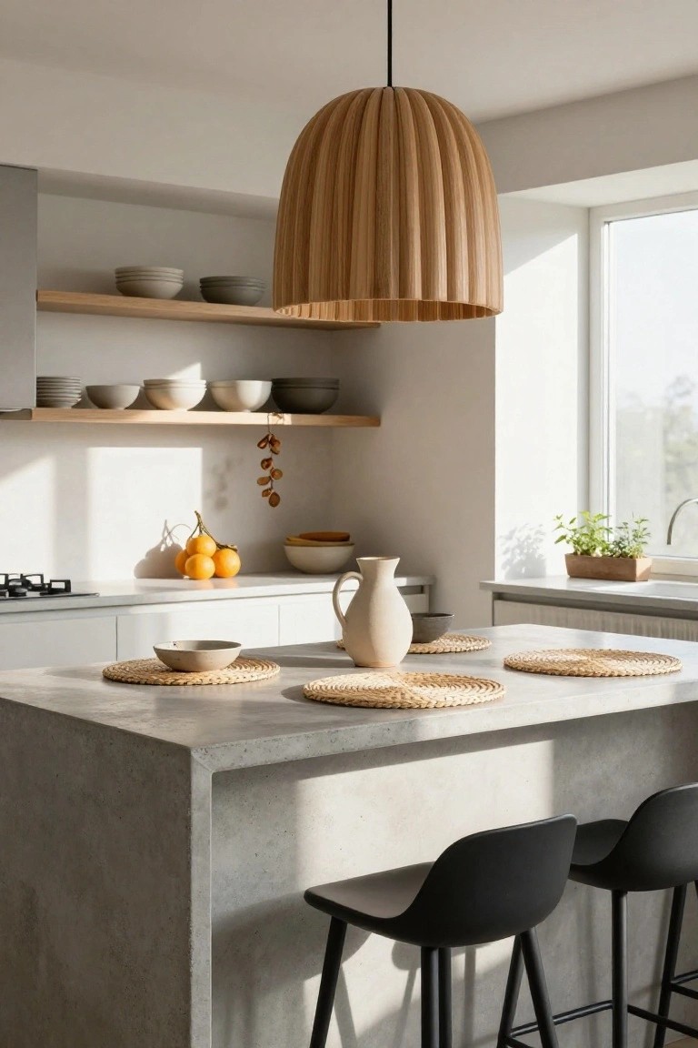 Modern kitchen with concrete island, wooden pendant light, and black bar stools.
