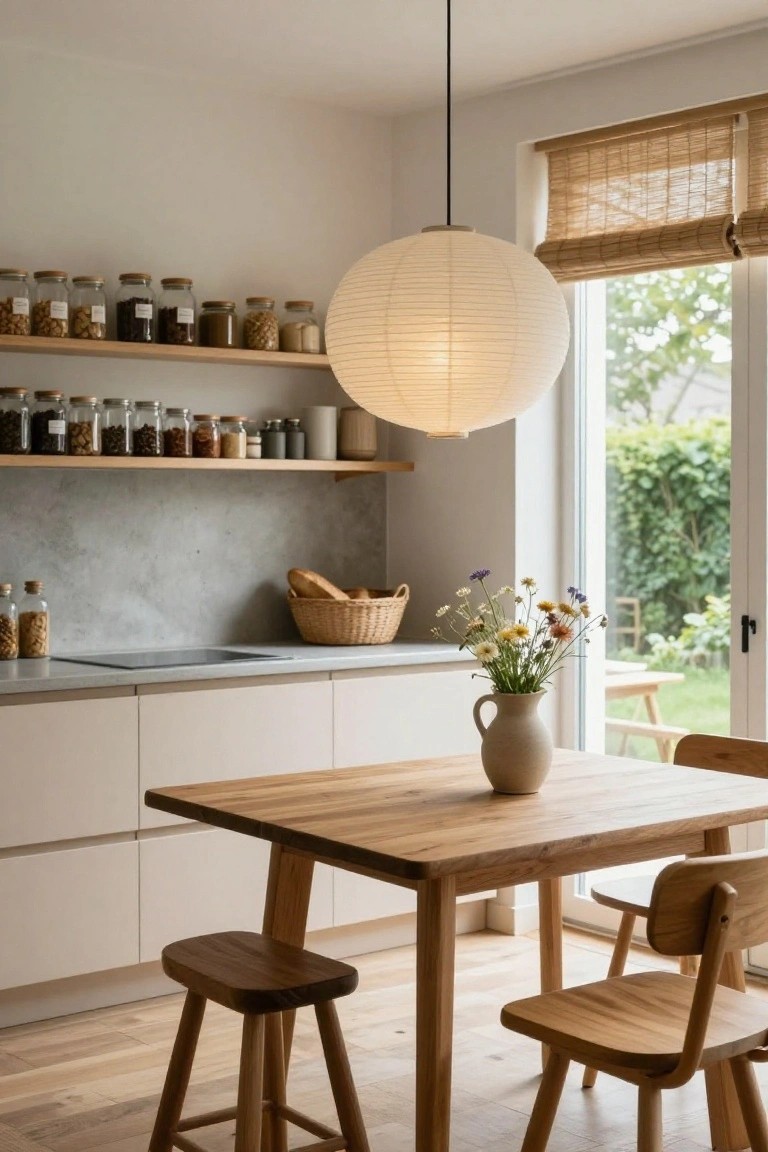 A light-filled kitchen with white cabinets, gray backsplash, open wooden shelves stocked with jars, a wooden dining table with stools, a large white paper lantern pendant light hanging over the table, a vase of wildflowers, and sliding doors to a garden.