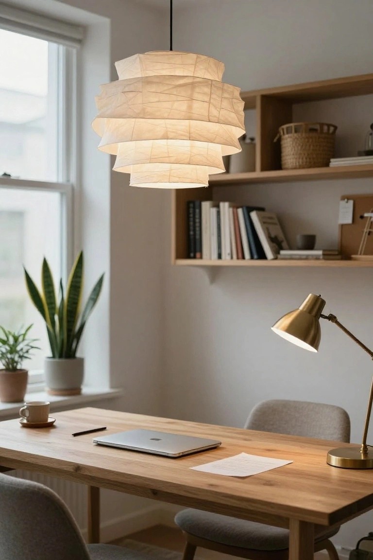 Home office with multi-layered white paper pendant light hanging over wooden desk, MacBook laptop, coffee cup, brass desk lamp, gray chairs, bookshelves, potted plants, and window.