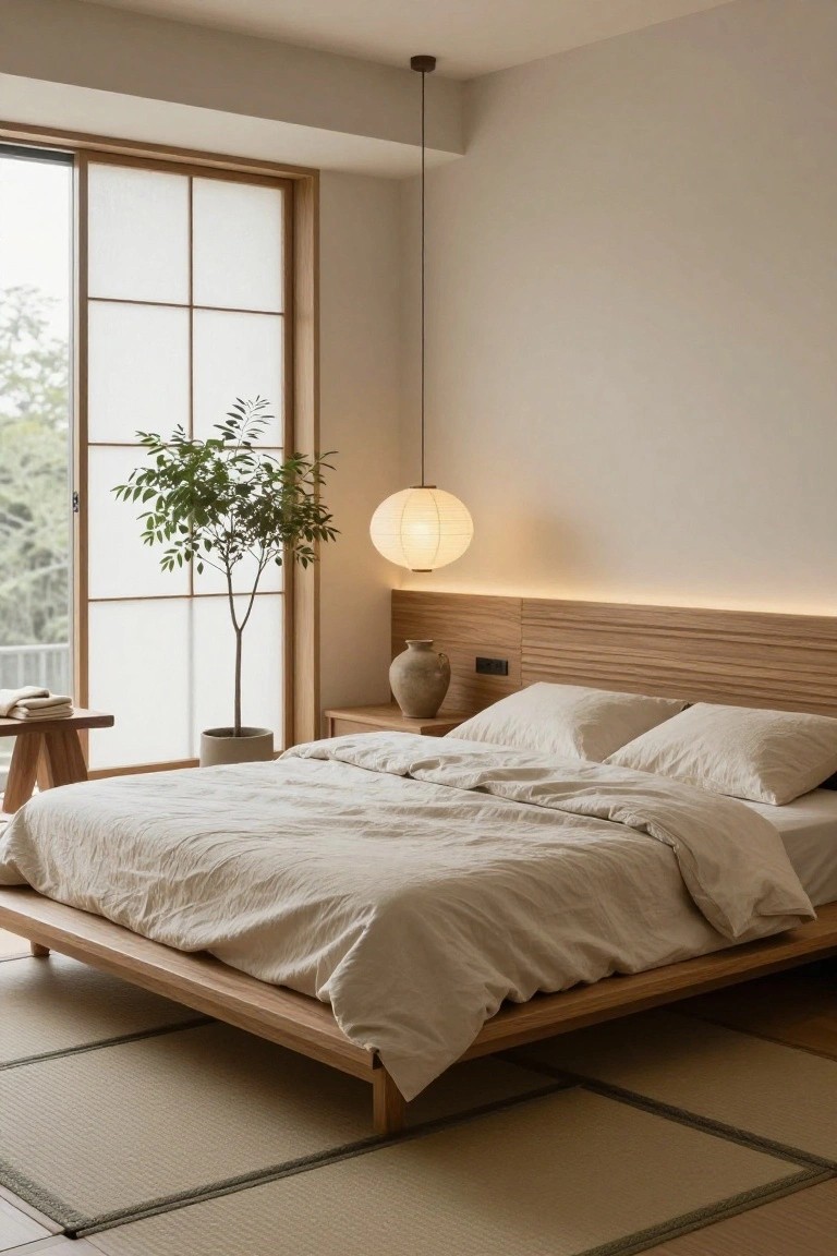 Minimalist Japanese bedroom with wooden platform bed and paper lantern.