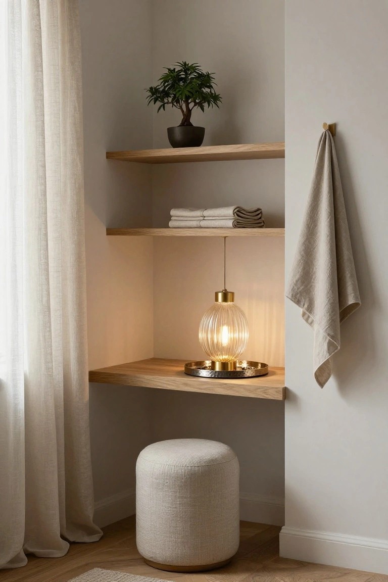Corner nook with three floating oak shelves holding folded white towels, a black potted bonsai plant, and a brass tray under a hanging ribbed glass pendant light with brass accents; a linen towel hangs from a brass hook, sheer curtains cover a window, and a beige fabric pouf sits on a parquet floor.