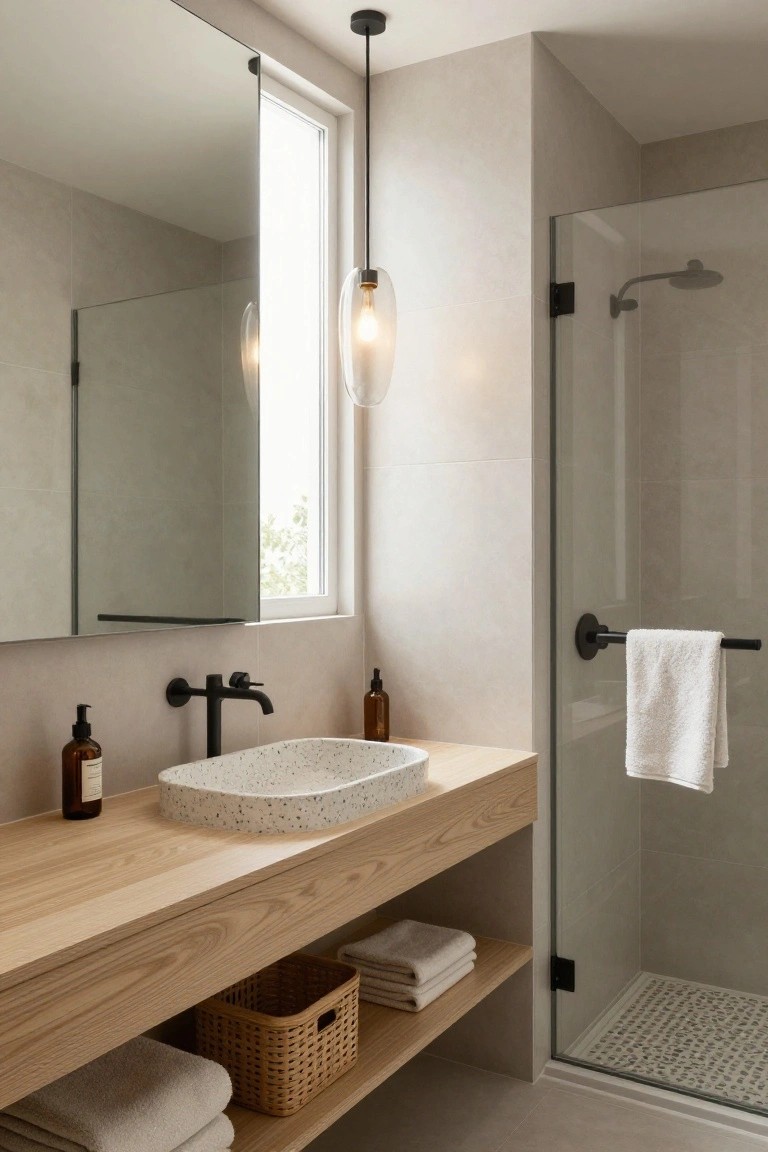 Bathroom with oak wood vanity holding a white terrazzo sink, black faucet, hanging blown glass pendant light, large mirror cabinet, and glass shower enclosure on beige tiled walls.