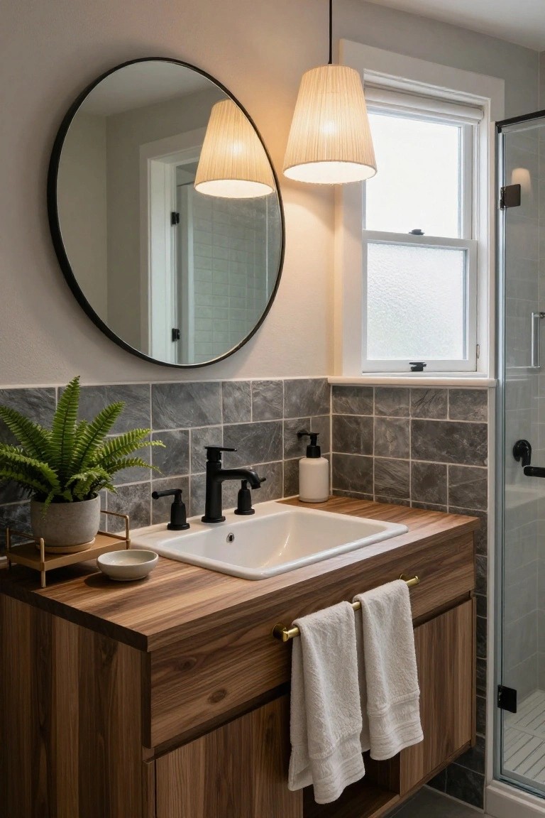 Modern bathroom with wooden vanity, round mirror, and black faucet.