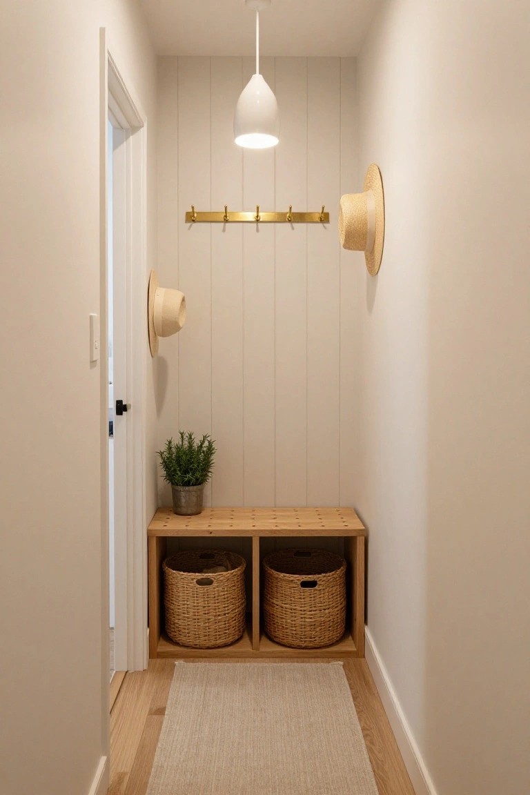 Narrow interior entryway with white shiplap walls, brass hooks holding straw hats, wooden bench with wicker baskets underneath, potted rosemary plant, white pendant light overhead, and light wood flooring with a beige rug.