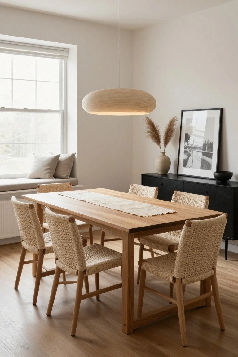 Dining room with large oval slatted wood pendant light over rectangular oak table with beige runner, four rattan chairs, black credenza, beige vase with pampas grass, black bowl, framed art, window bench with pillows, and hardwood floor.