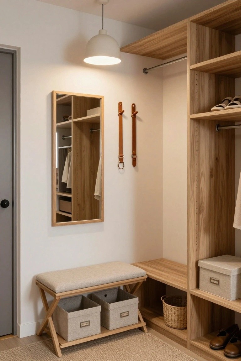 Light wood walk-in closet with open shelving, hanging rods for clothes, cushioned bench with fabric bins underneath, wall mirror, leather belt hooks, stored shoes and basket, and white drum pendant light overhead.