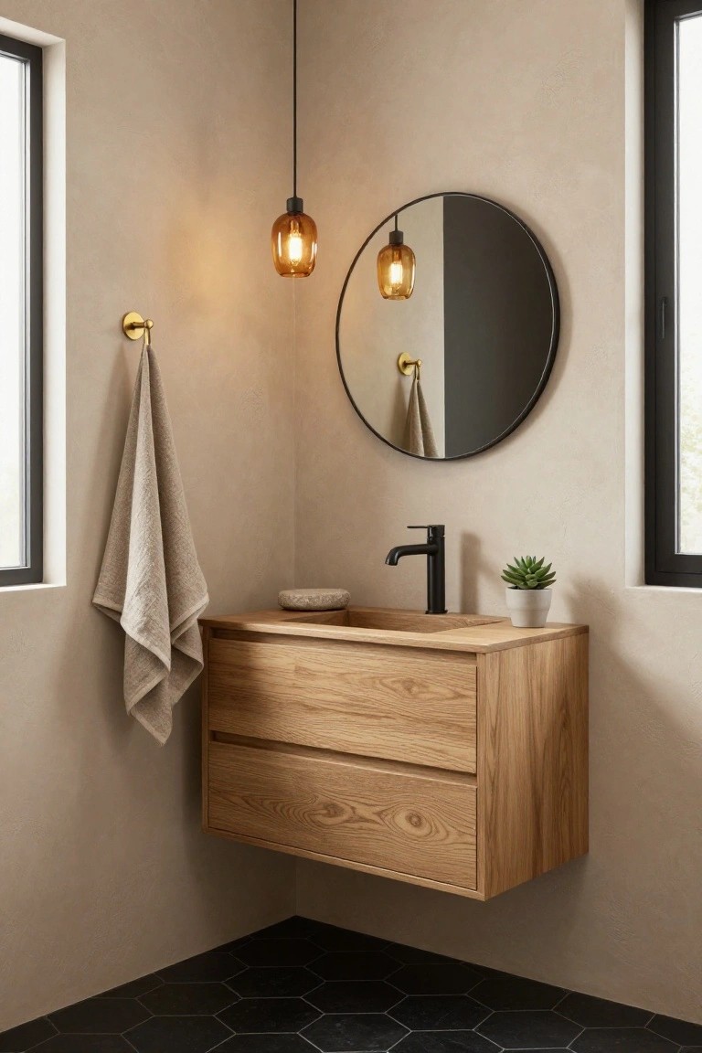 Corner bathroom with floating oak vanity, black wall-mounted faucet, round black-framed mirror, two amber pendant lights, beige textured walls, black hexagonal floor tiles, towel on brass hook, stone soap dish, and small potted succulent.