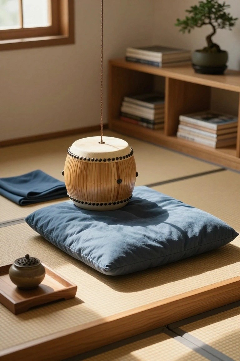 A bamboo taiko drum with white drumhead suspended by a cord from the ceiling above a blue cushion on tatami mats in a minimalist room with wooden bookshelves, stacked books, bonsai plant, and incense burner.