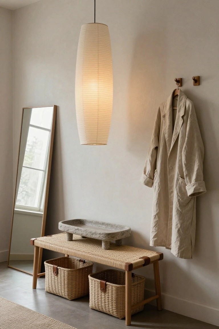 Tall white rice paper lantern pendant light hanging in a light gray interior corner with full-length wooden mirror, rattan bench holding stone tray and woven baskets, beige coat on wooden wall hooks, window reflected in mirror.